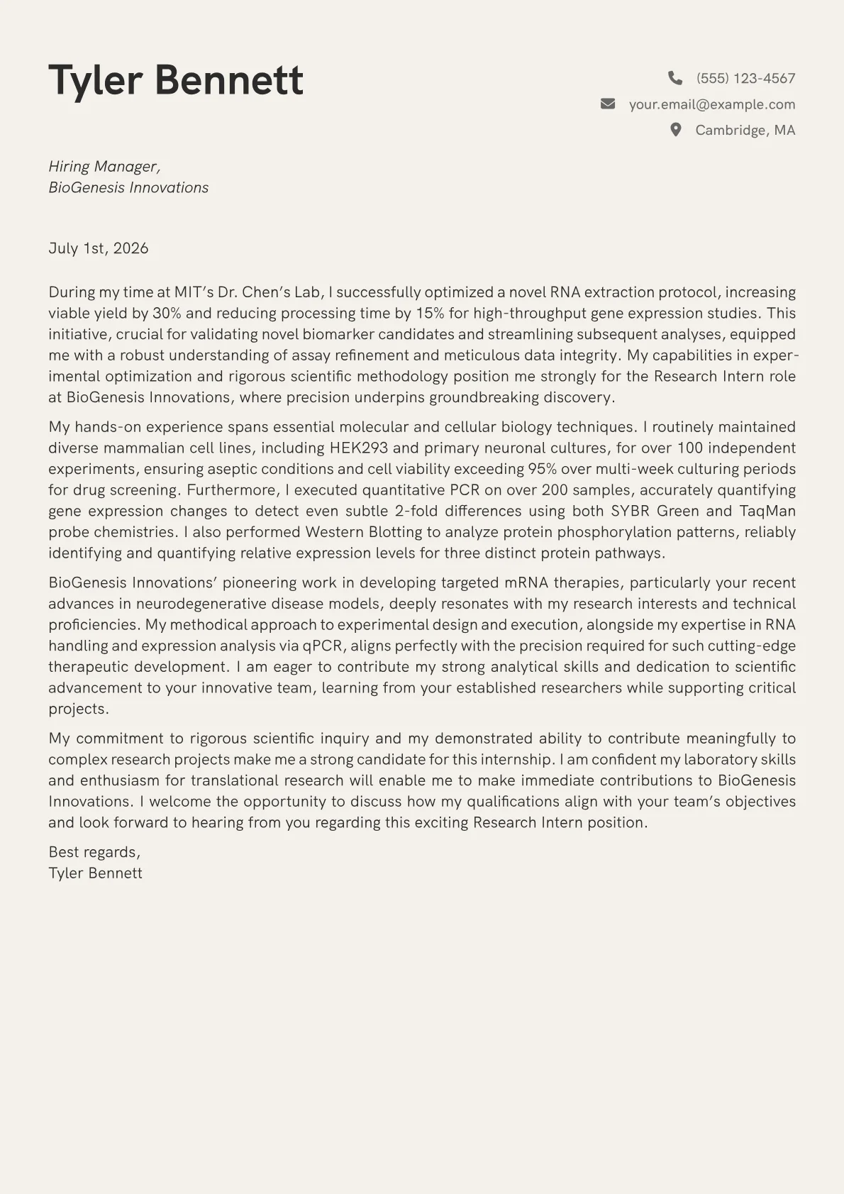 Research Intern cover letter formatted with a JobSprout template