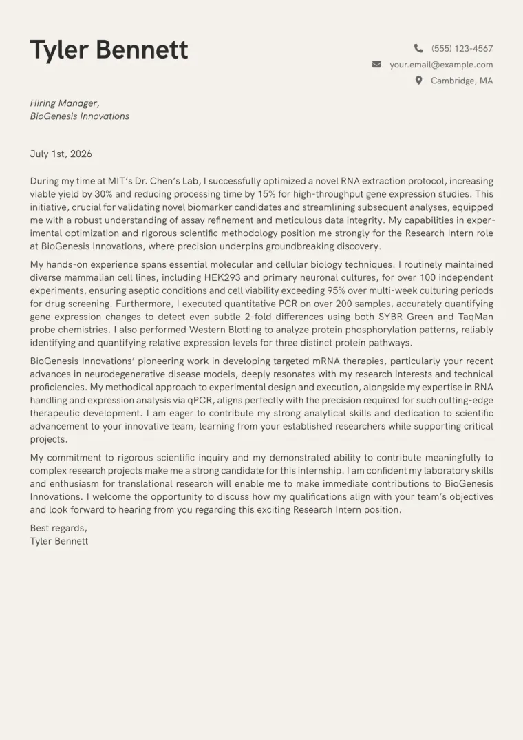 Research Intern cover letter example