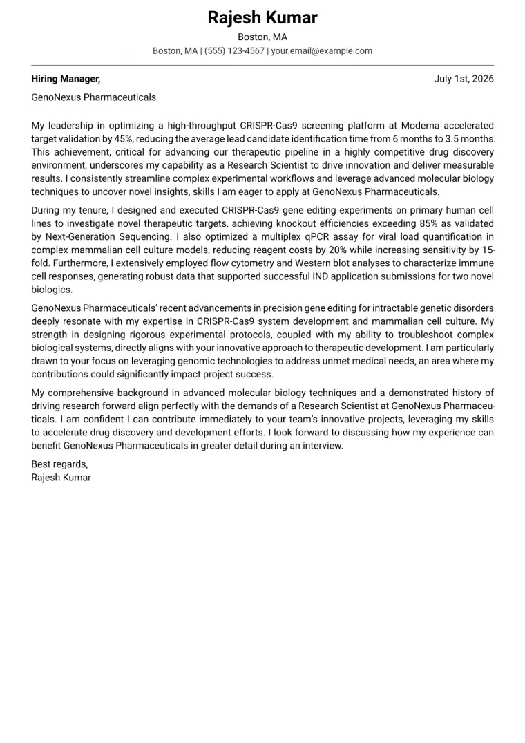 Research Scientist Cover Letter Example