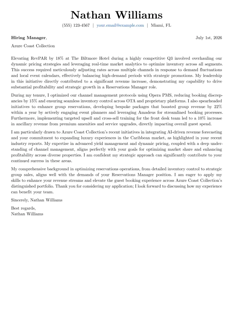 Reservations Manager Cover Letter Example