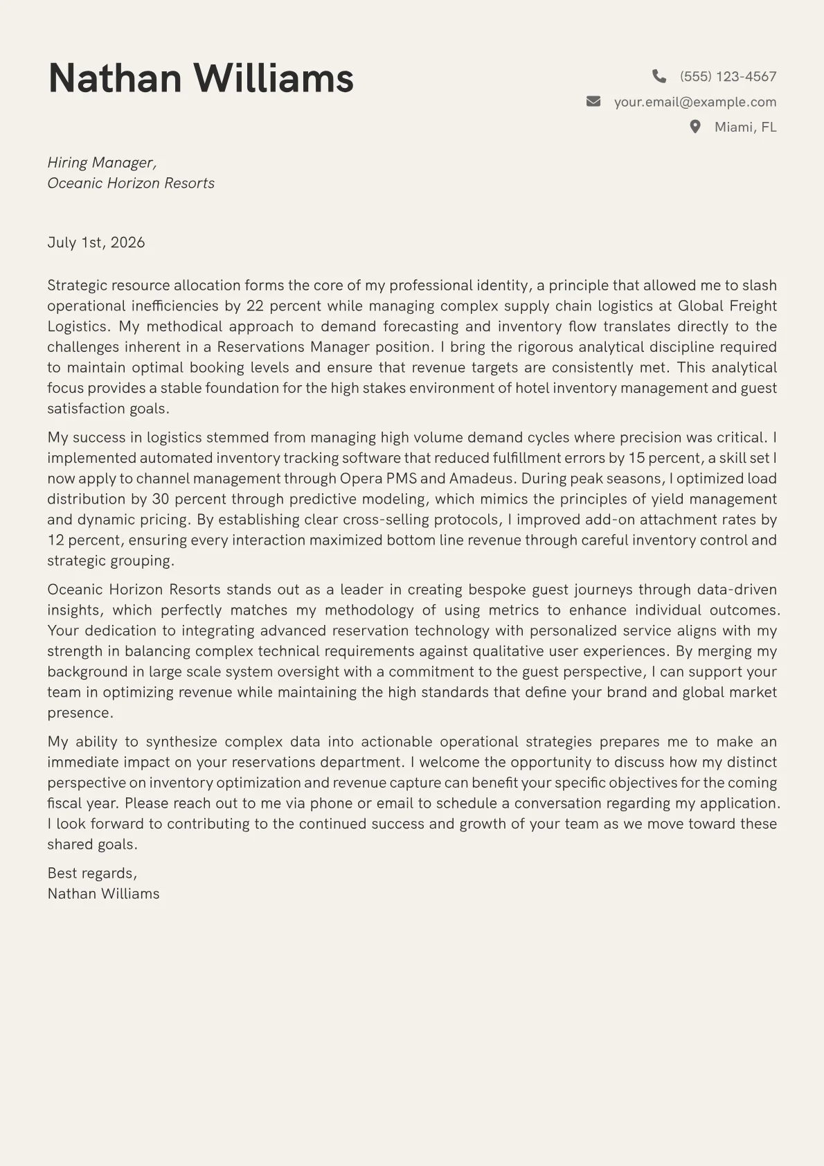 Reservations Manager cover letter in the Creative design