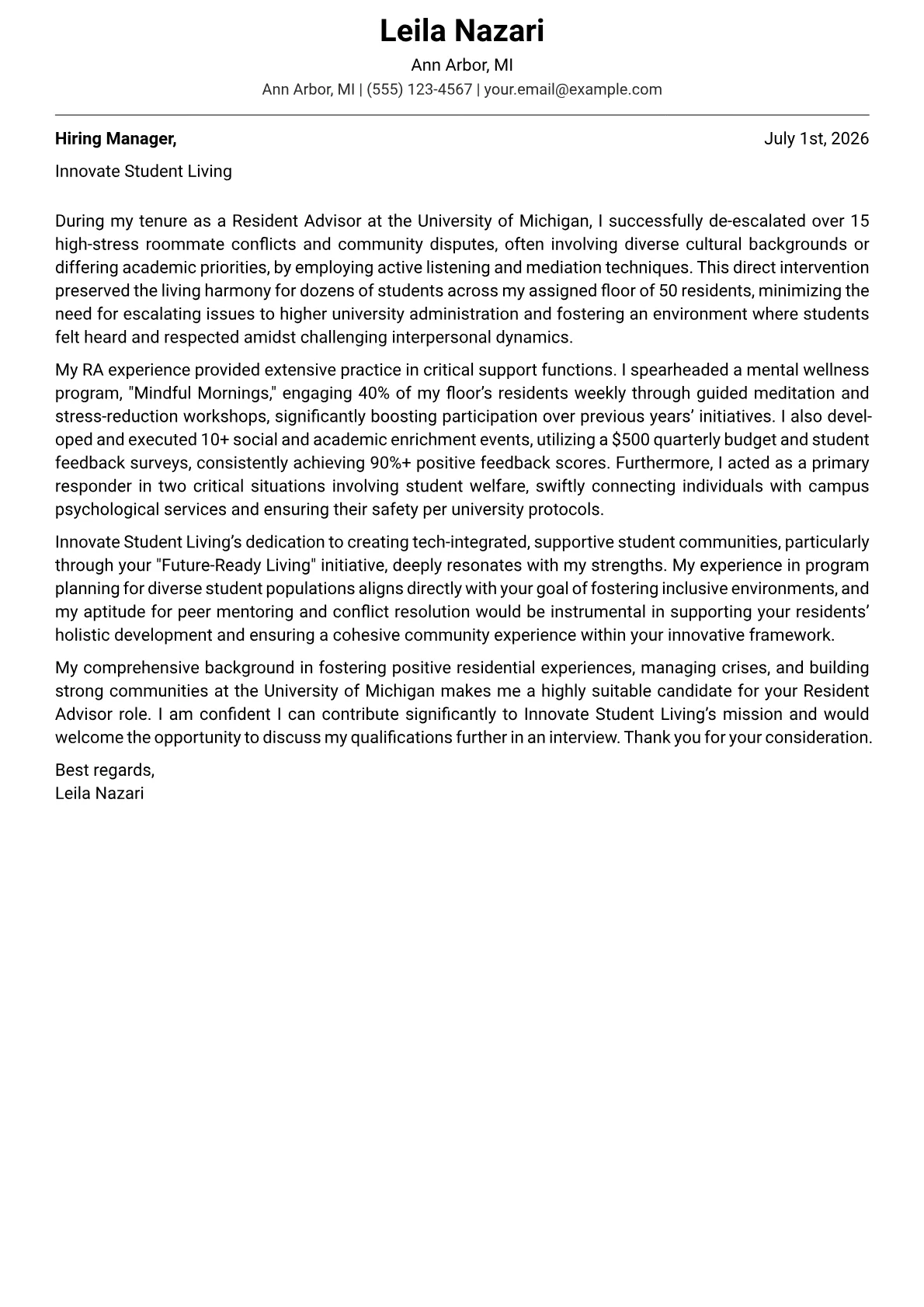 Resident Advisor cover letter formatted with a JobSprout template