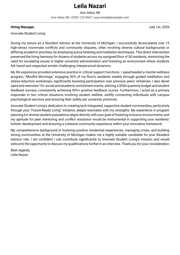 Resident Advisor cover letter example preview