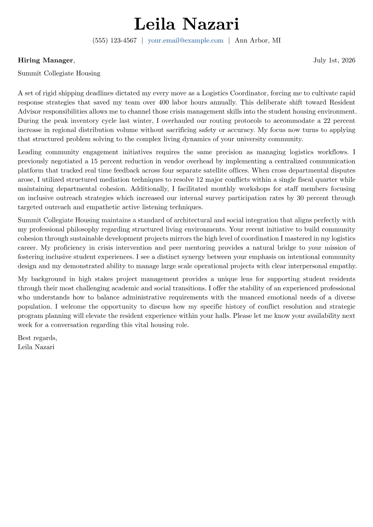 Resident Advisor cover letter in the Basic design