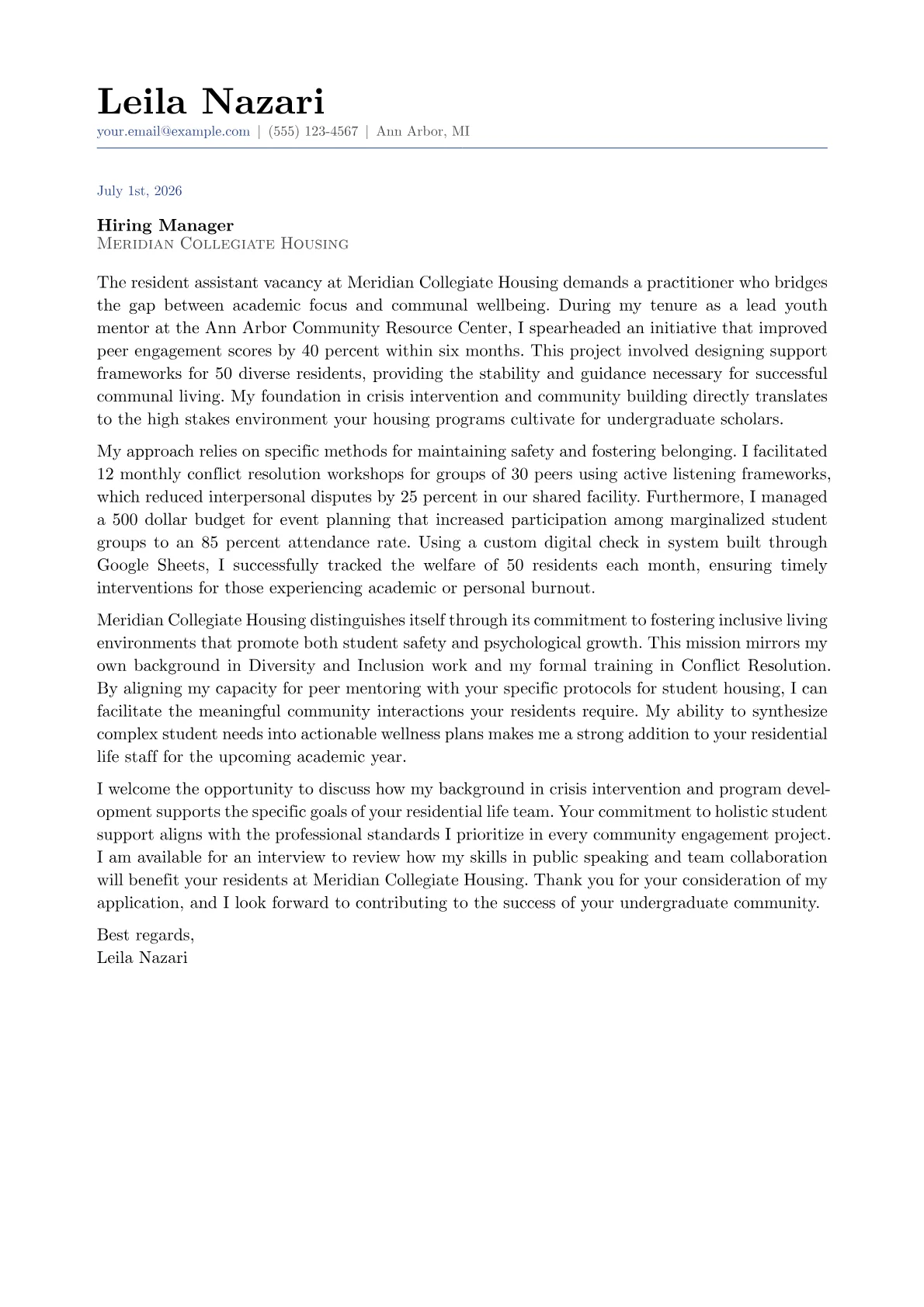 Resident Advisor cover letter in the Classic design