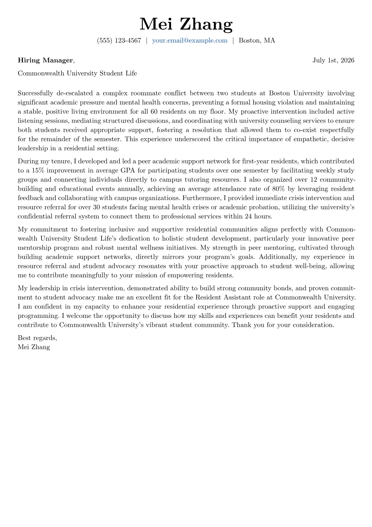 Resident Assistant cover letter formatted with a JobSprout template