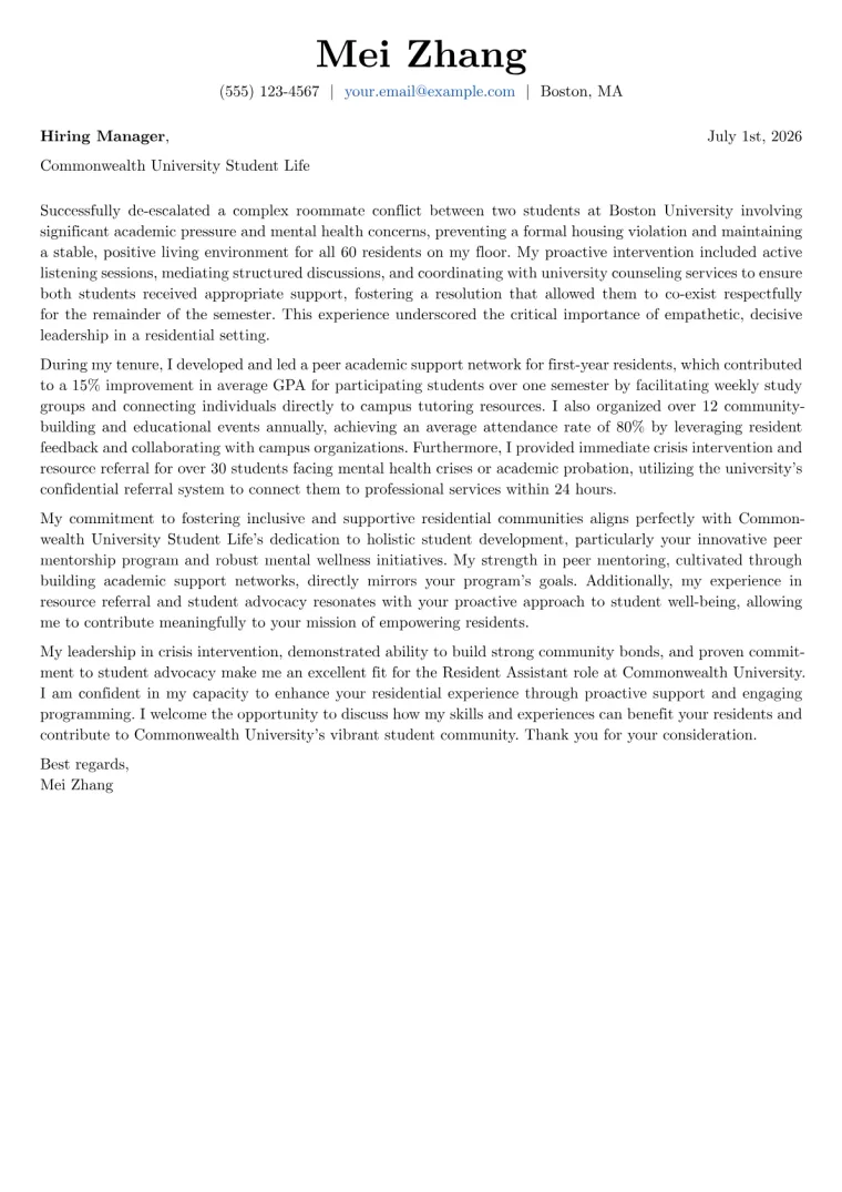 Resident Assistant Cover Letter Example