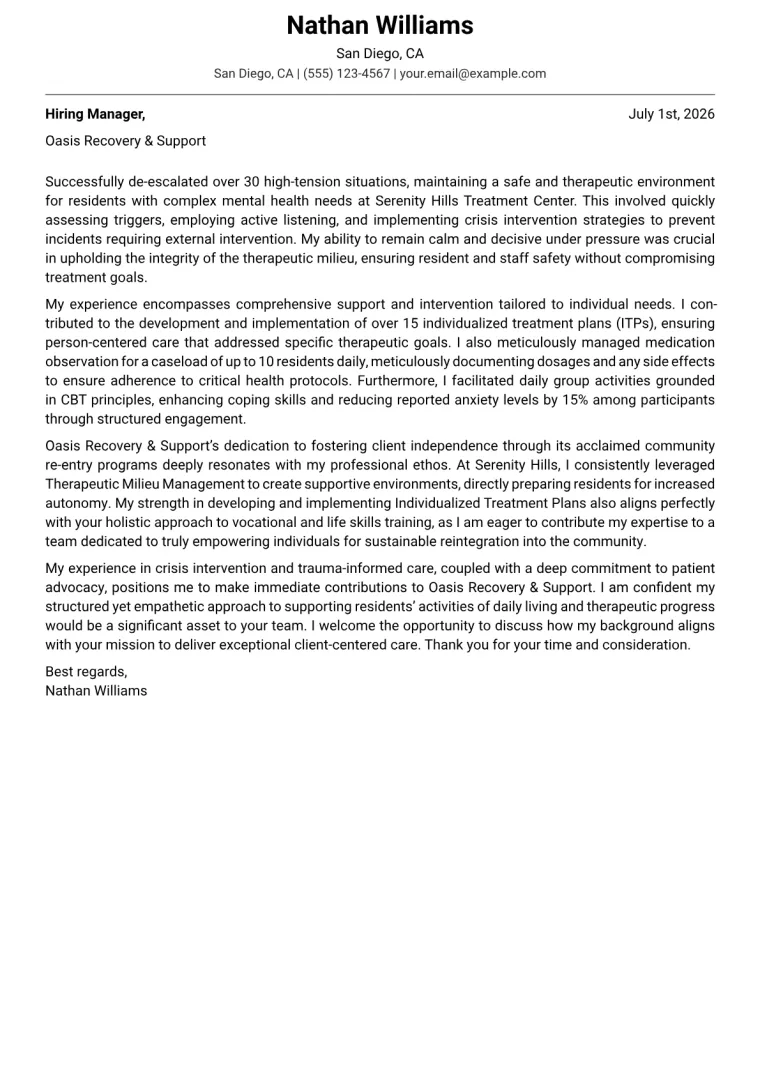 Residential Counselor Cover Letter Example