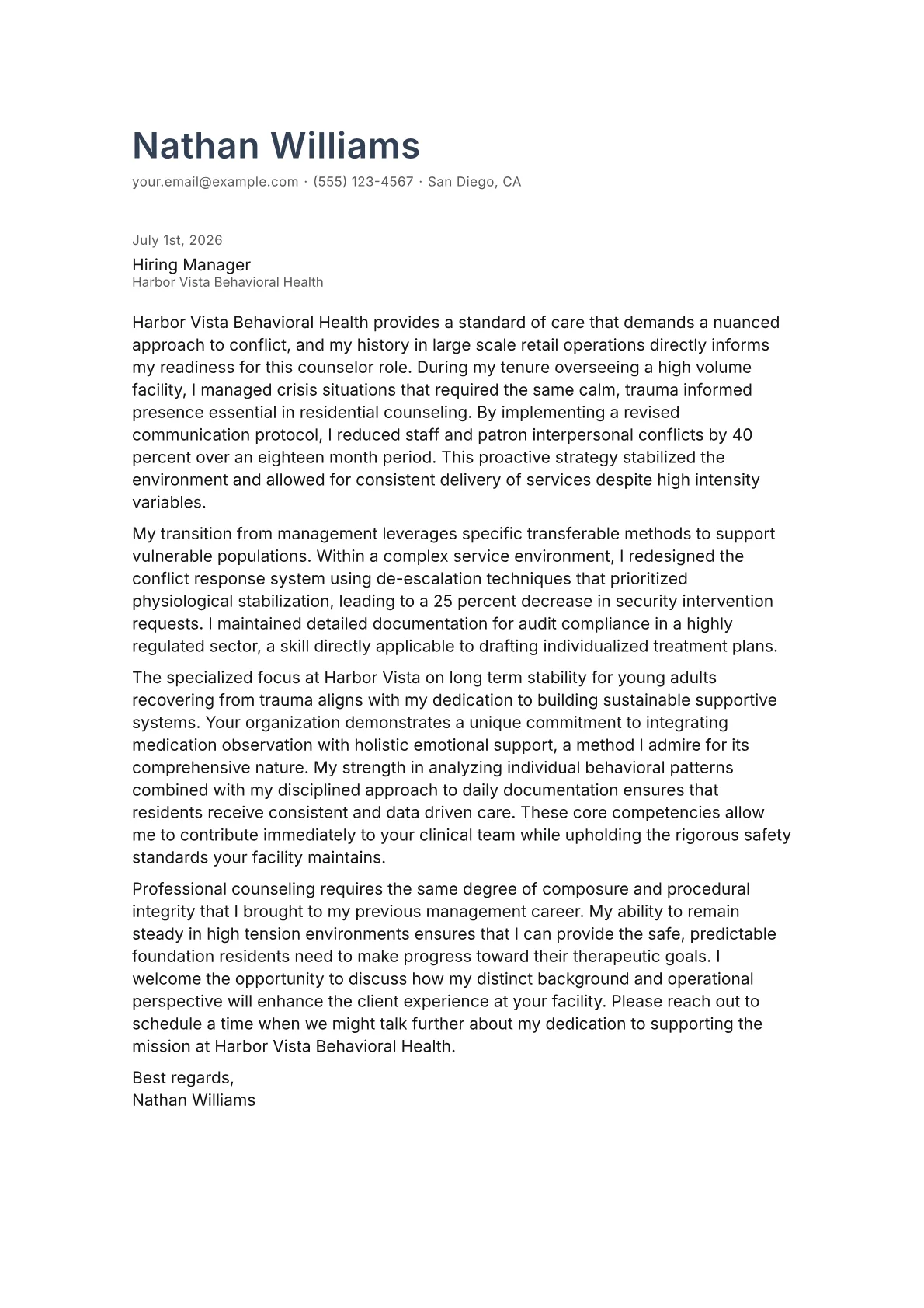 Residential Counselor cover letter in the Minimal design