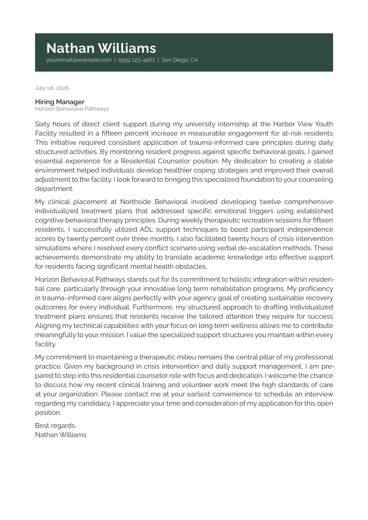 Residential Counselor cover letter in the Banner design