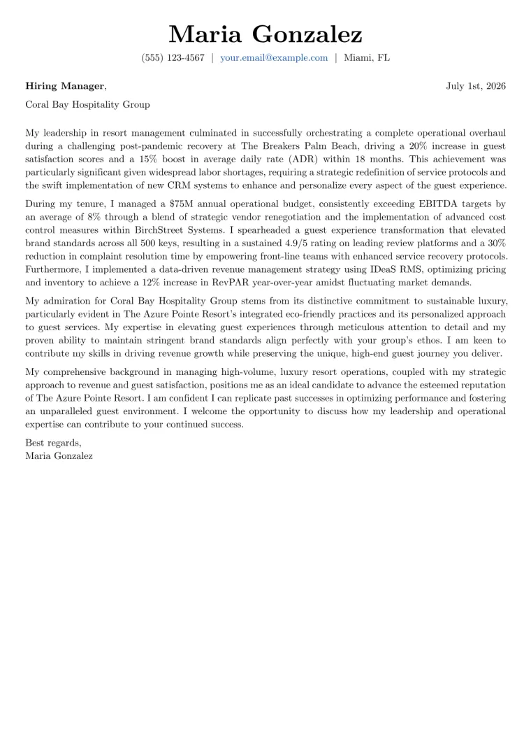 Resort Manager cover letter example preview