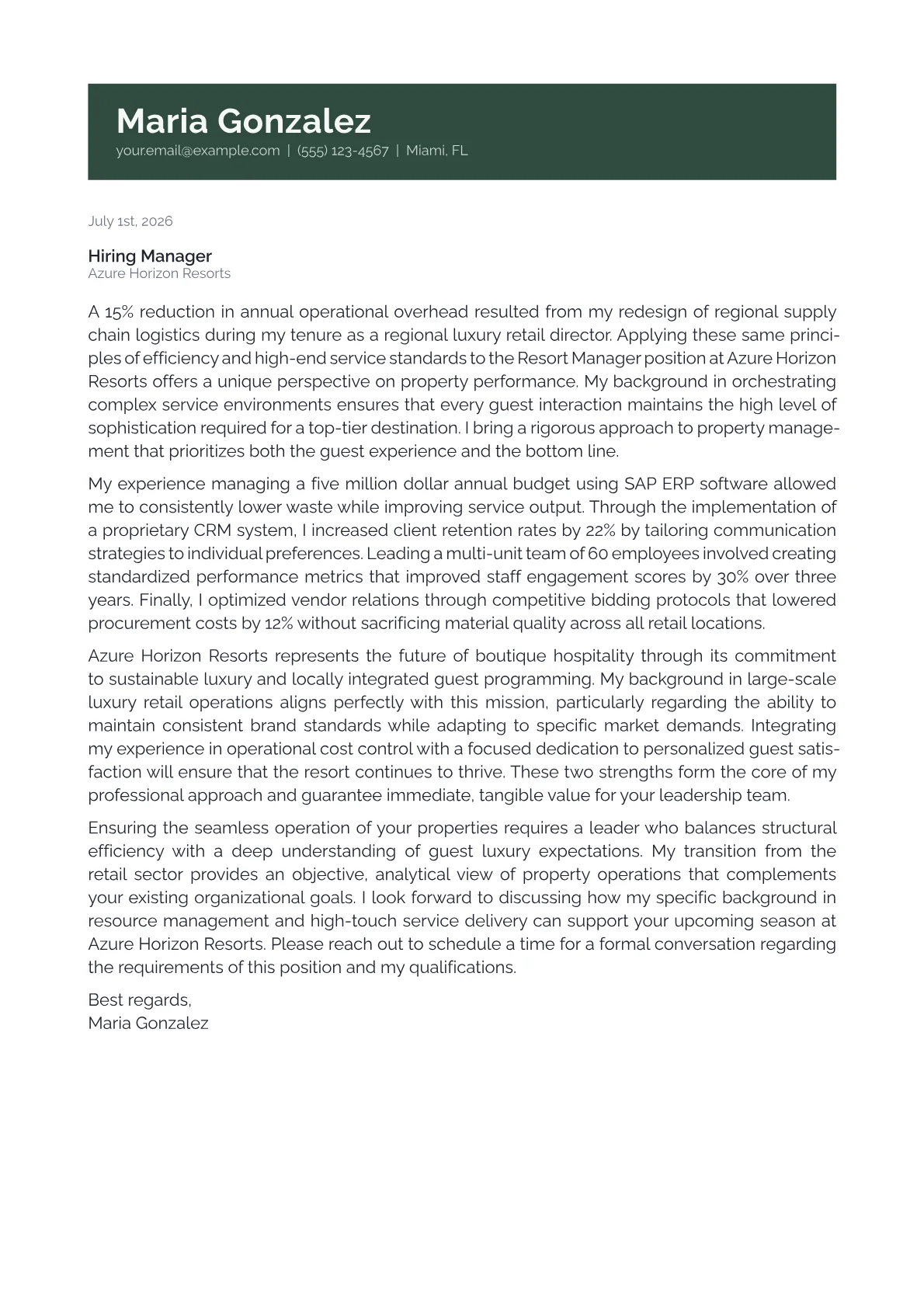Resort Manager cover letter in the Banner design
