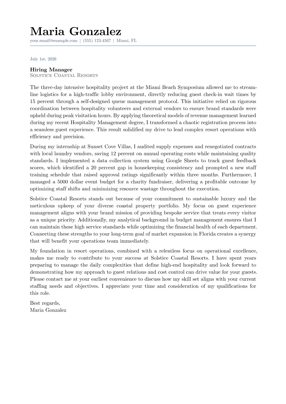 Resort Manager cover letter in the Classic design
