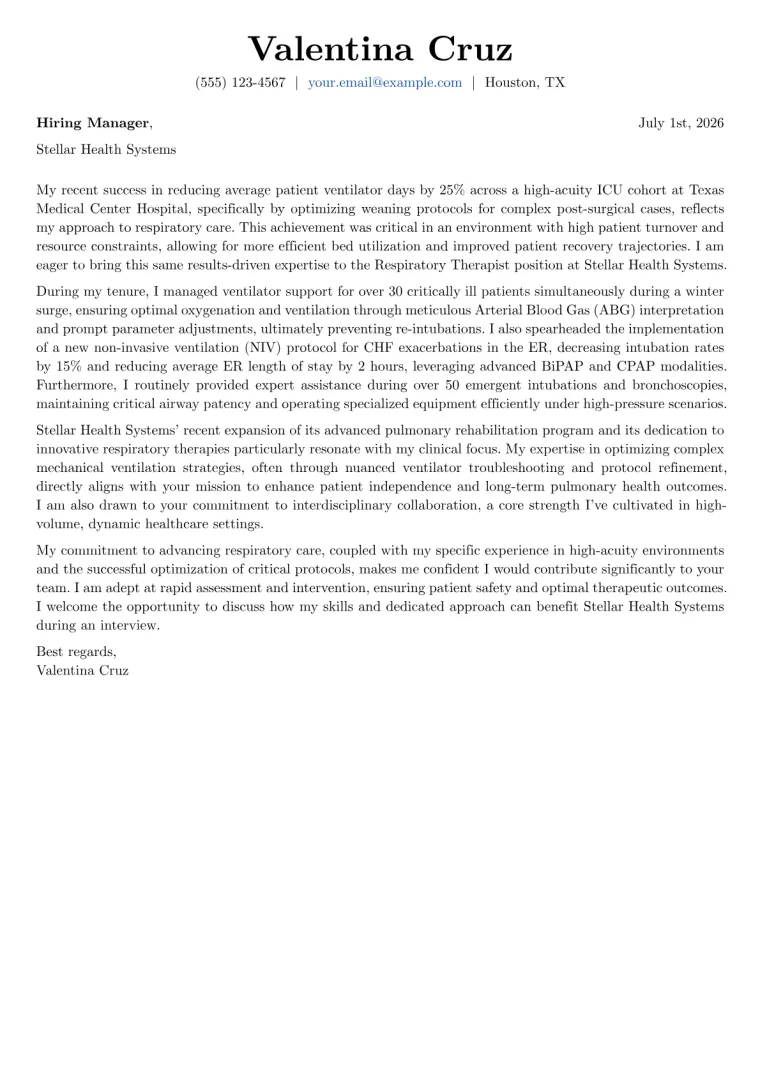 Respiratory Therapist Cover Letter Example