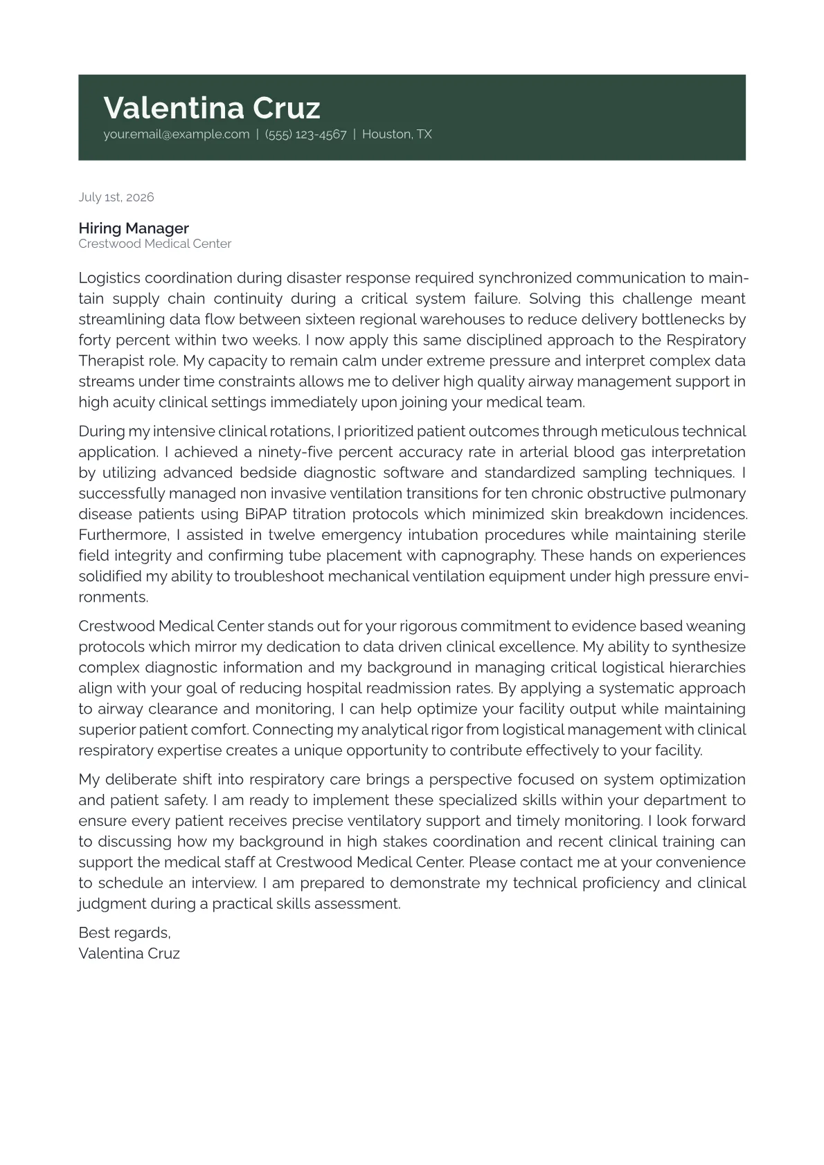 Respiratory Therapist cover letter in the Banner design