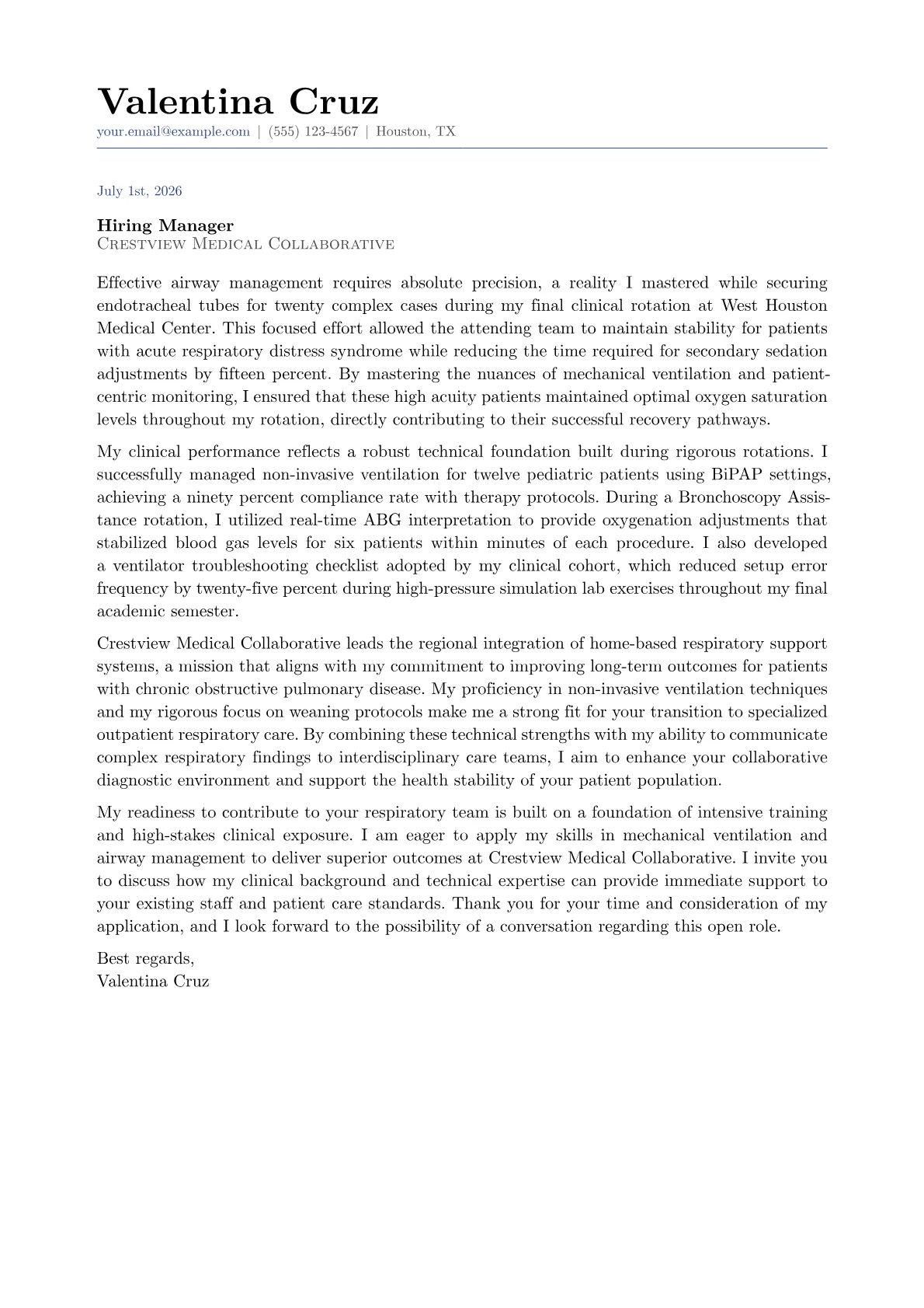 Respiratory Therapist cover letter in the Classic design
