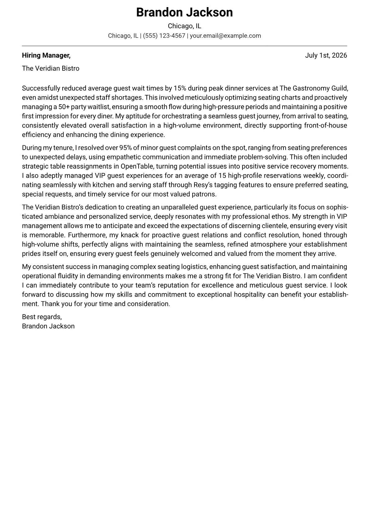 Restaurant Host cover letter formatted with a JobSprout template