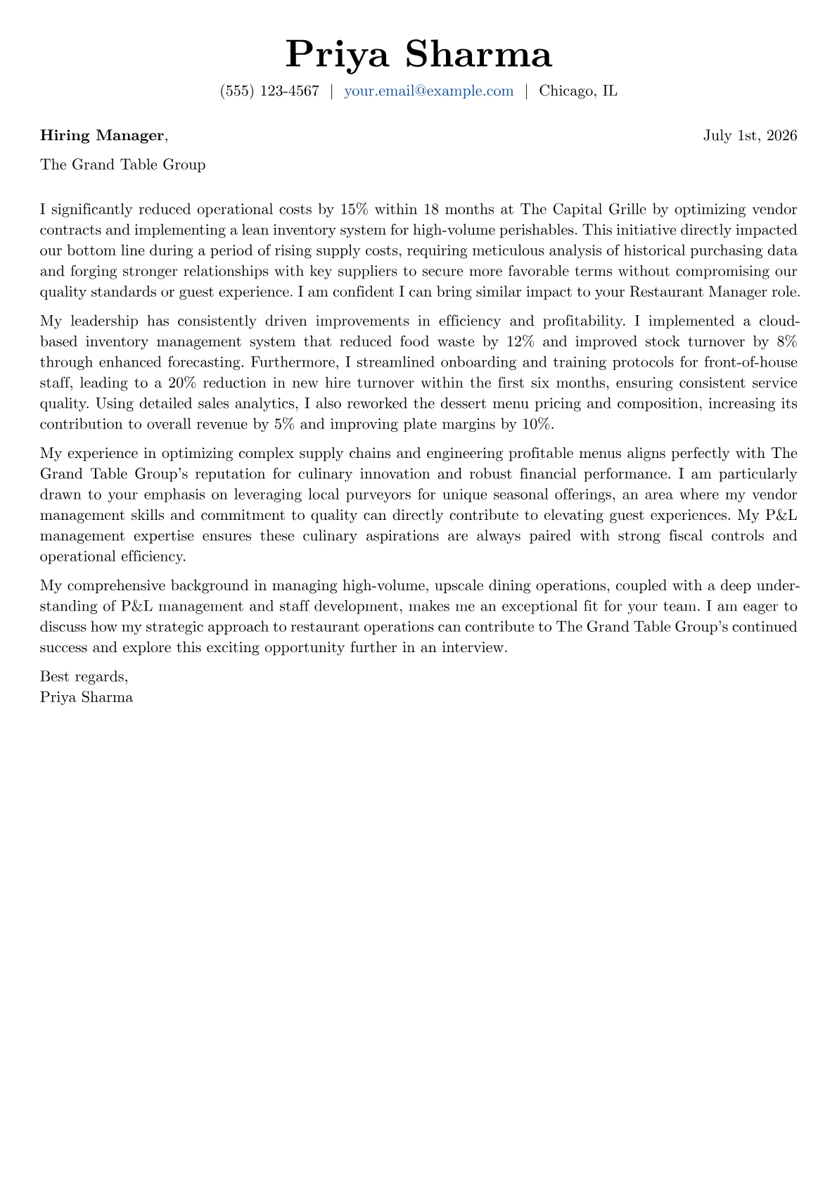 Restaurant Manager cover letter formatted with a JobSprout template