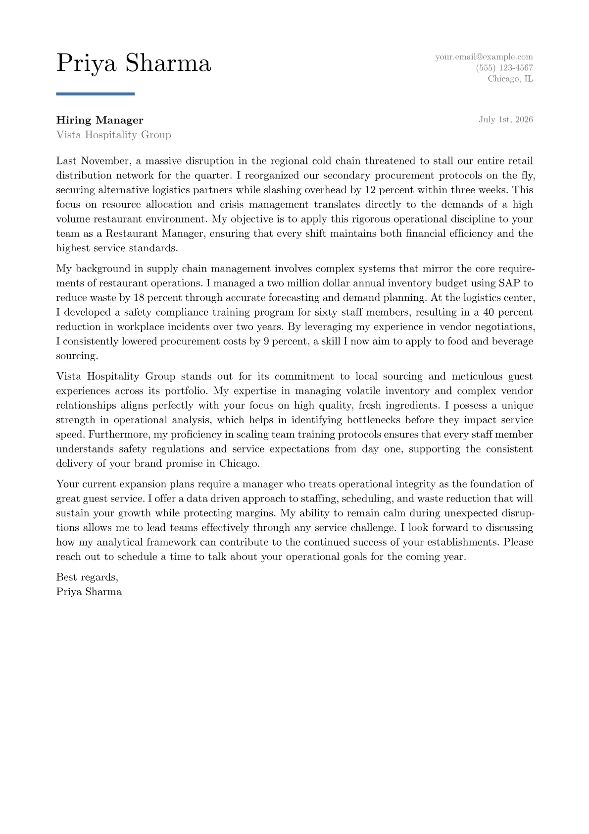 Restaurant Manager cover letter in the Executive design
