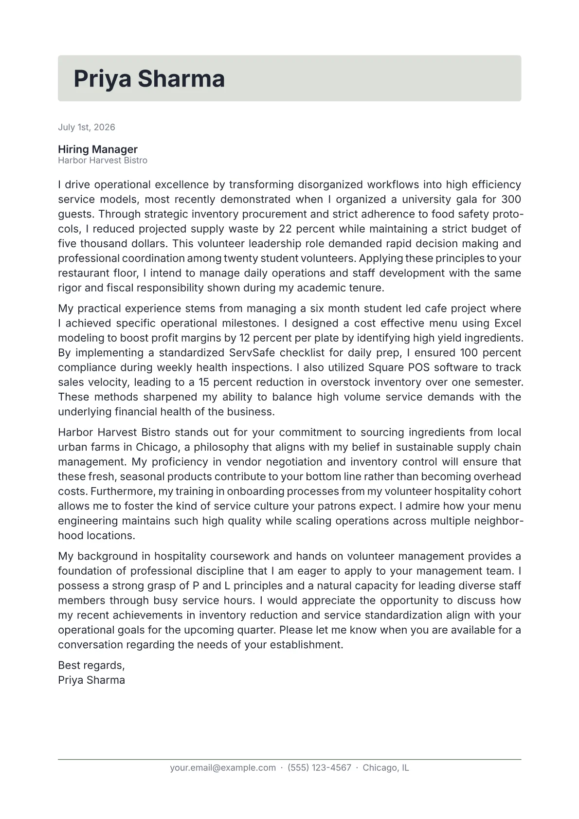Restaurant Manager cover letter in the Letterhead design