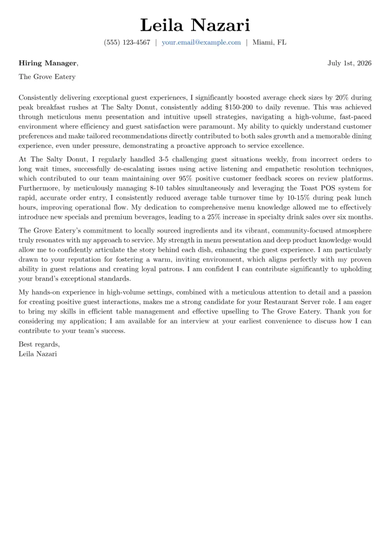 Restaurant Server Cover Letter Example