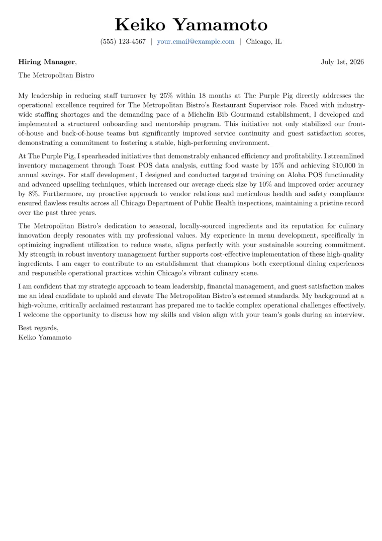 Restaurant Supervisor Cover Letter Example