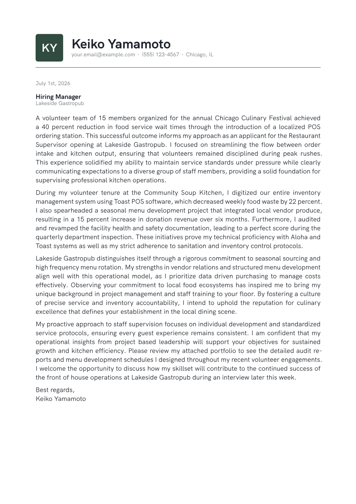 Restaurant Supervisor cover letter in the Emblem design