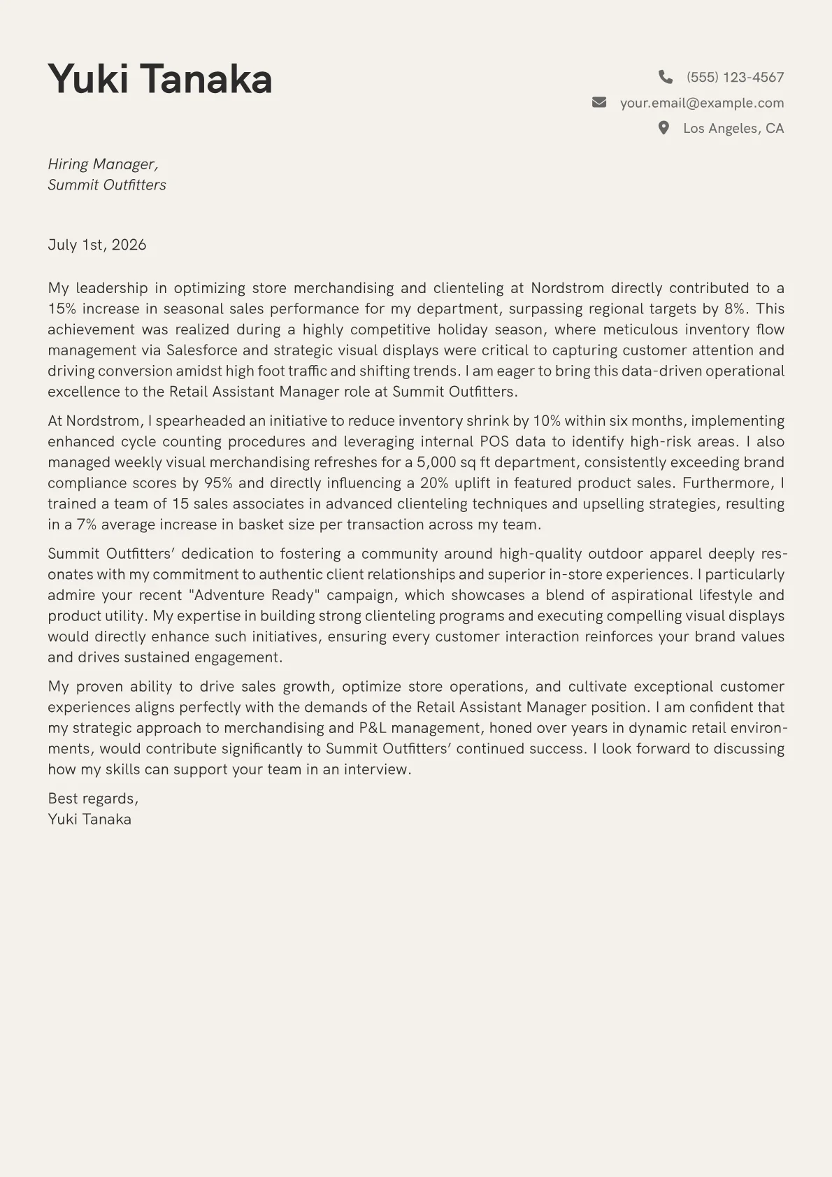 Retail Assistant Manager cover letter formatted with a JobSprout template