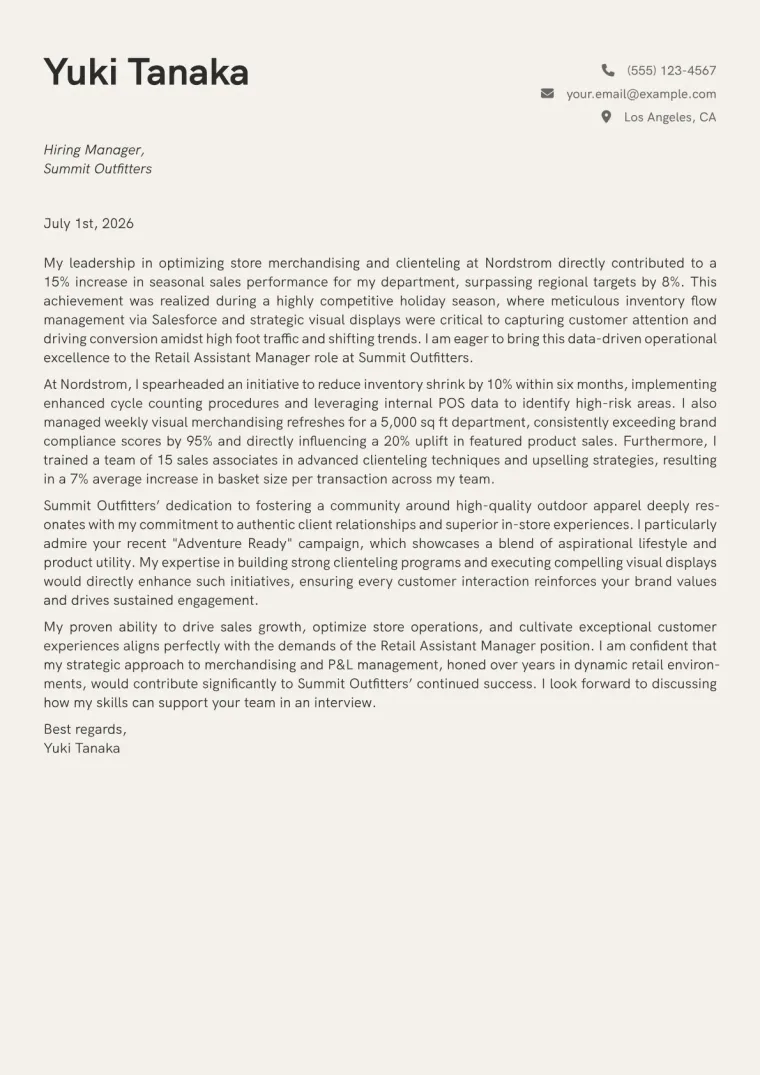 Retail Assistant Manager cover letter example preview