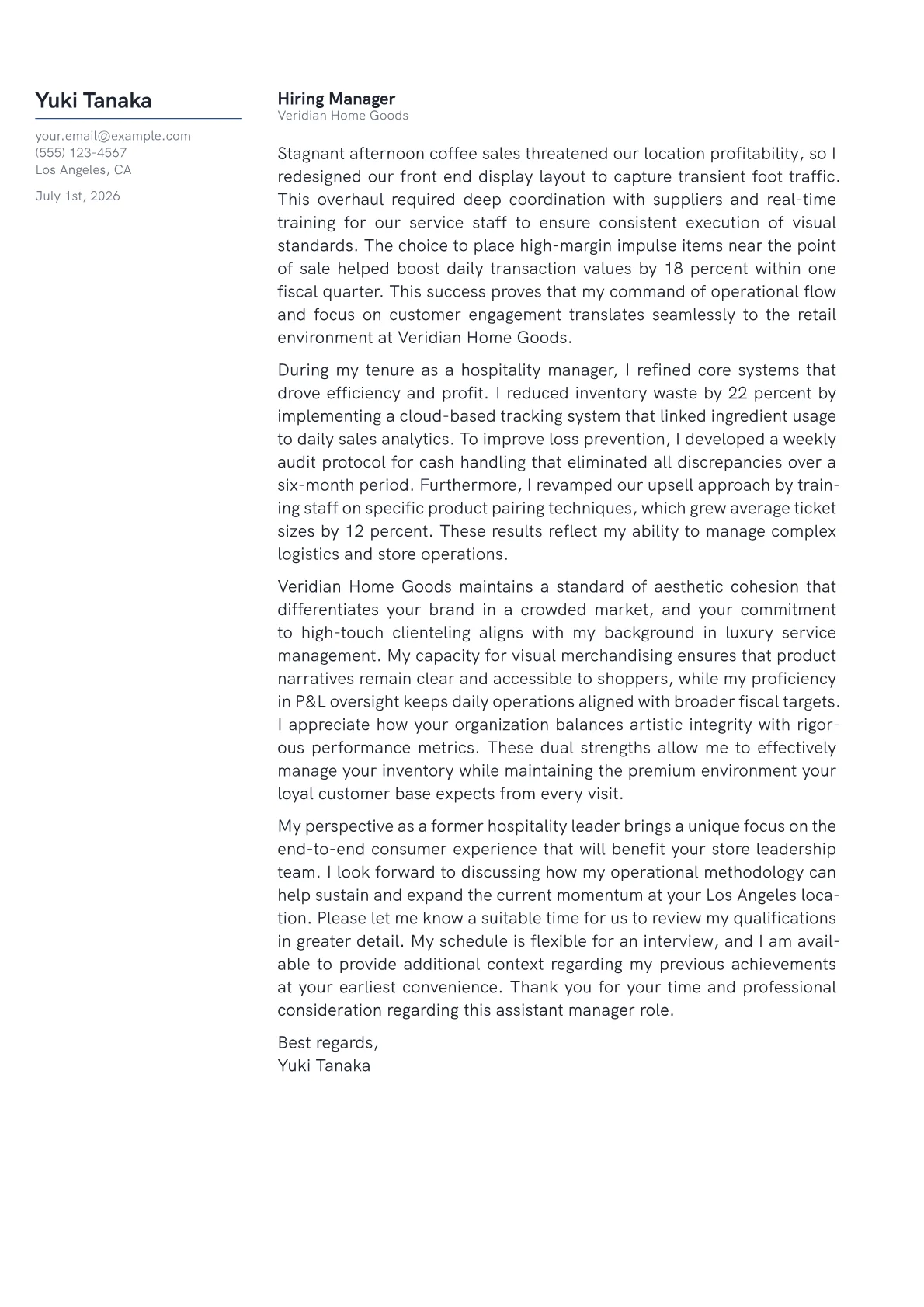 Retail Assistant Manager cover letter in the Margin design