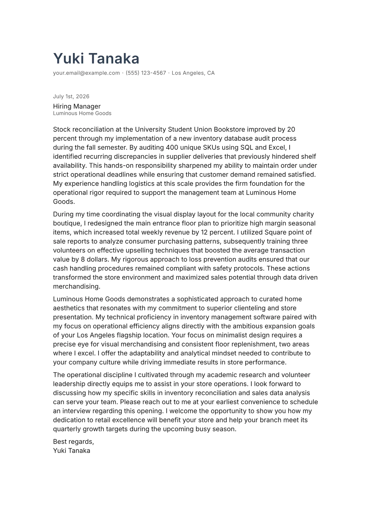 Retail Assistant Manager cover letter in the Minimal design