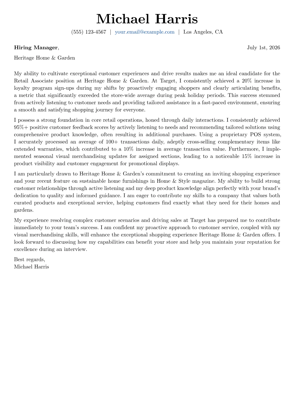 Retail Associate cover letter formatted with a JobSprout template