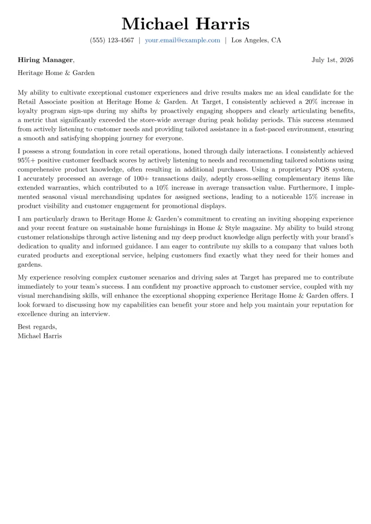 Retail Associate Cover Letter Example