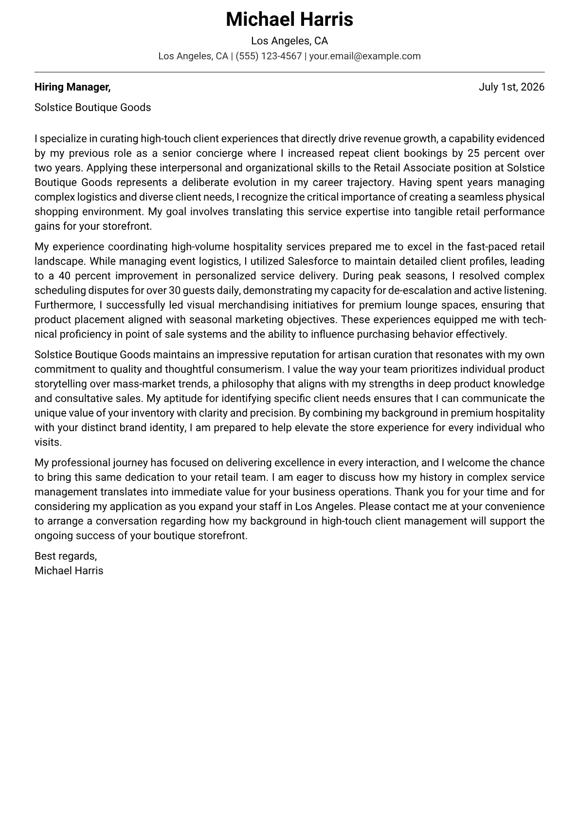 Retail Associate cover letter in the Modern design