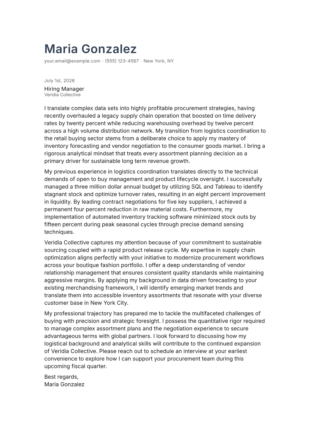 Retail Buyer cover letter in the Minimal design