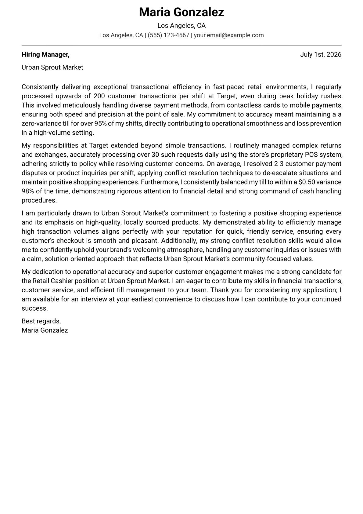 Retail Cashier cover letter formatted with a JobSprout template