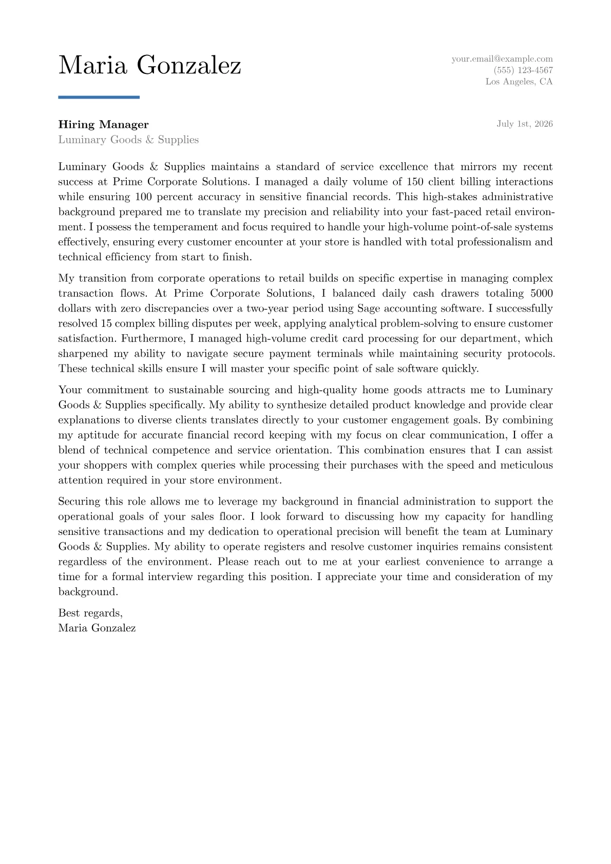 Retail Cashier cover letter in the Executive design