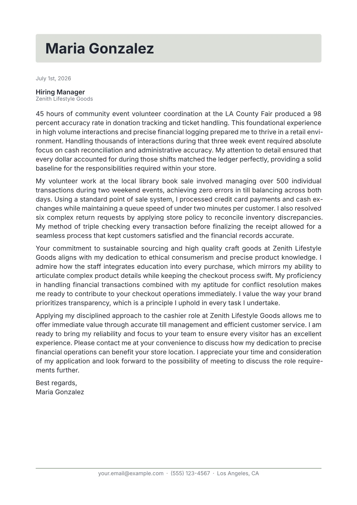 Retail Cashier cover letter in the Letterhead design