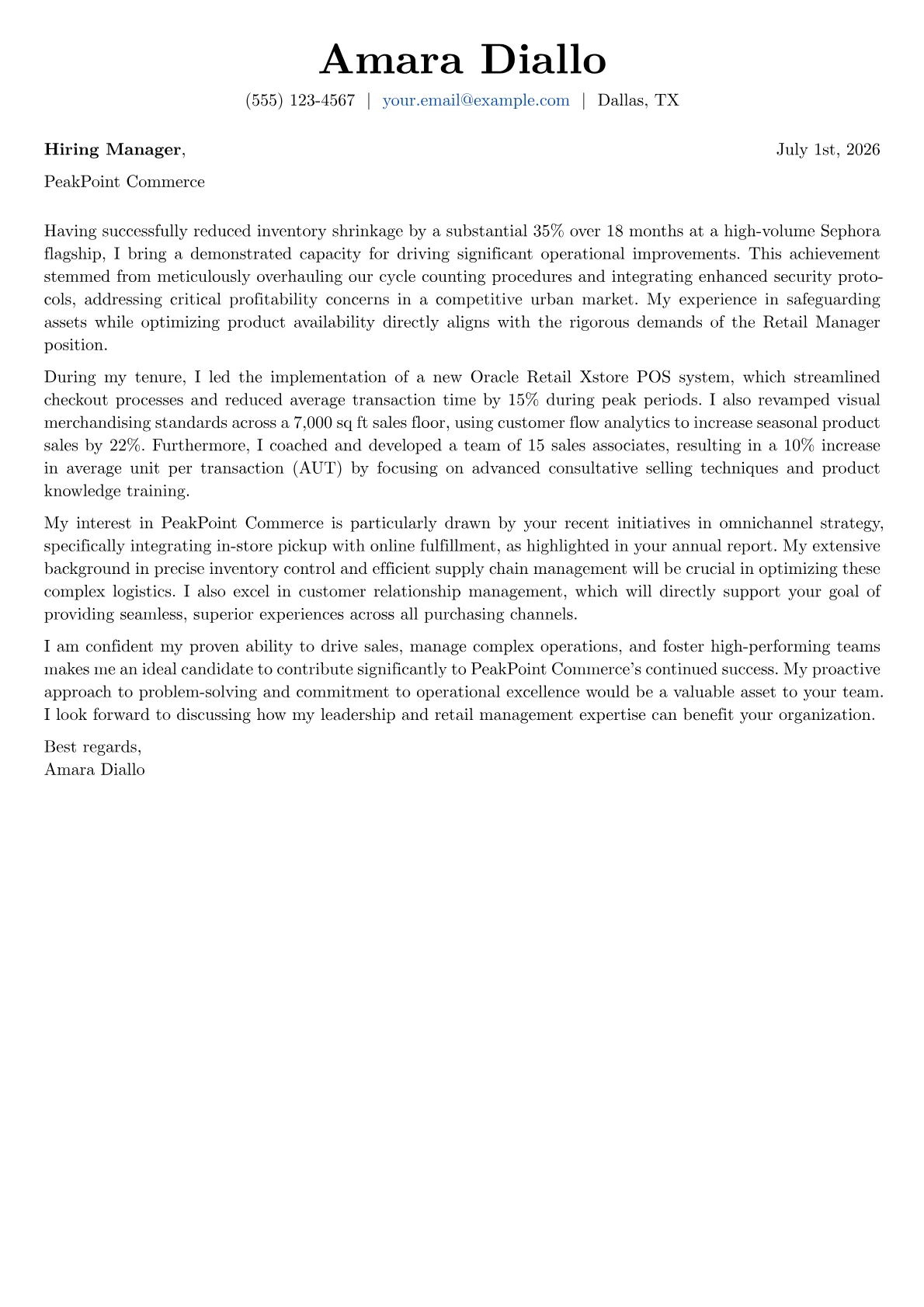 Retail Manager cover letter formatted with a JobSprout template