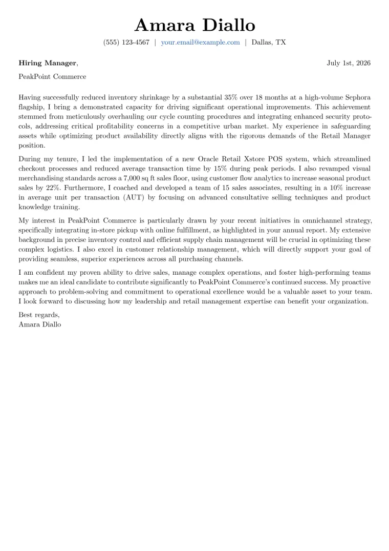 Retail Manager Cover Letter Example