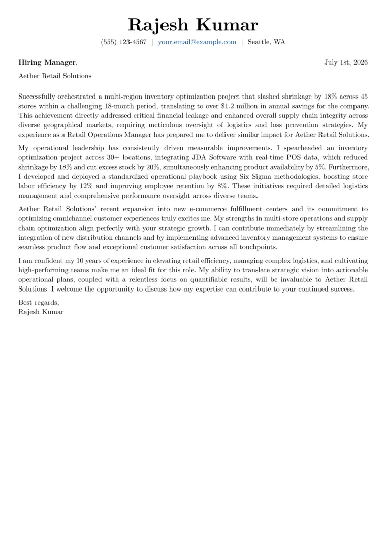 Retail Operations Manager cover letter example preview