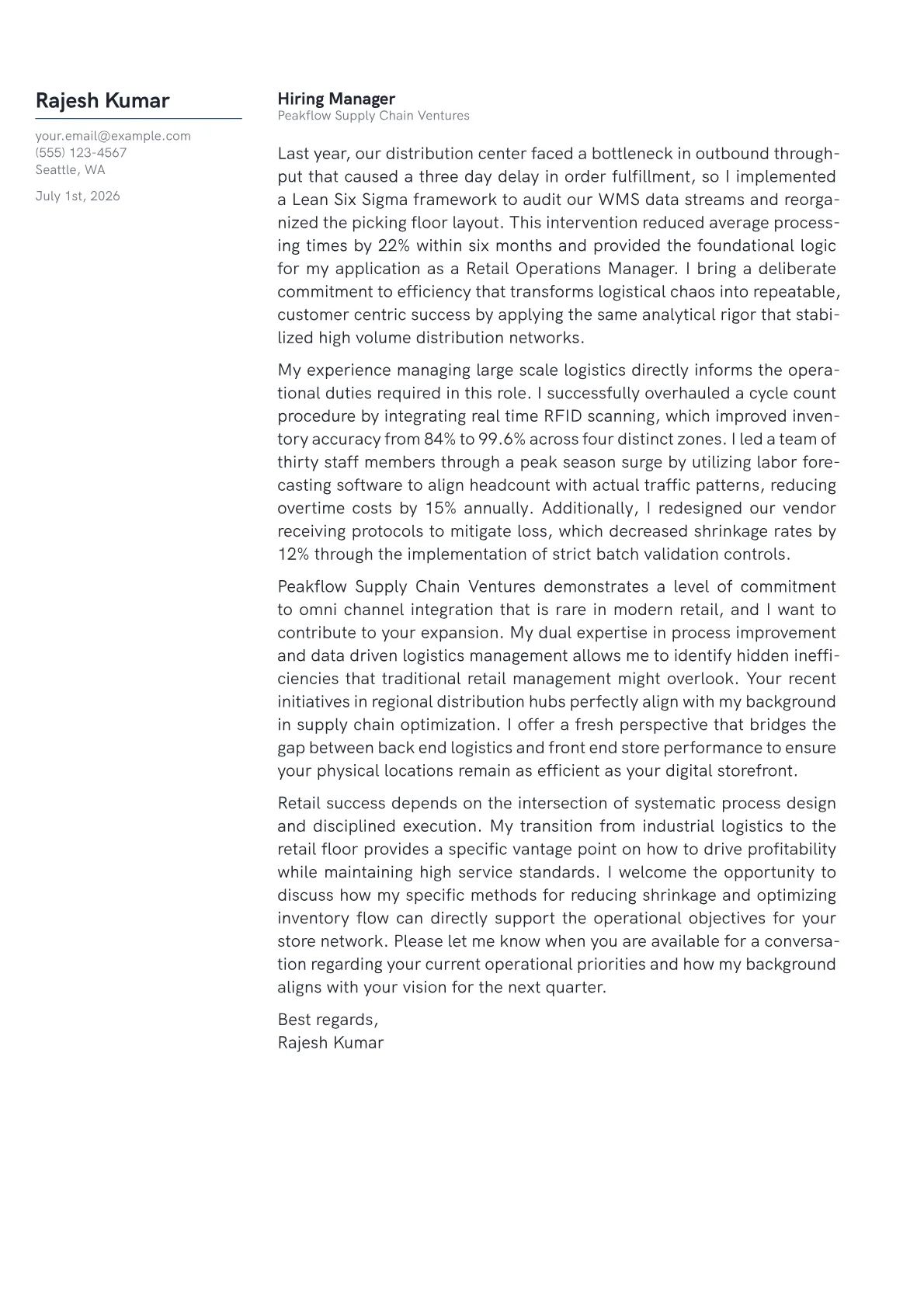 Retail Operations Manager cover letter in the Margin design