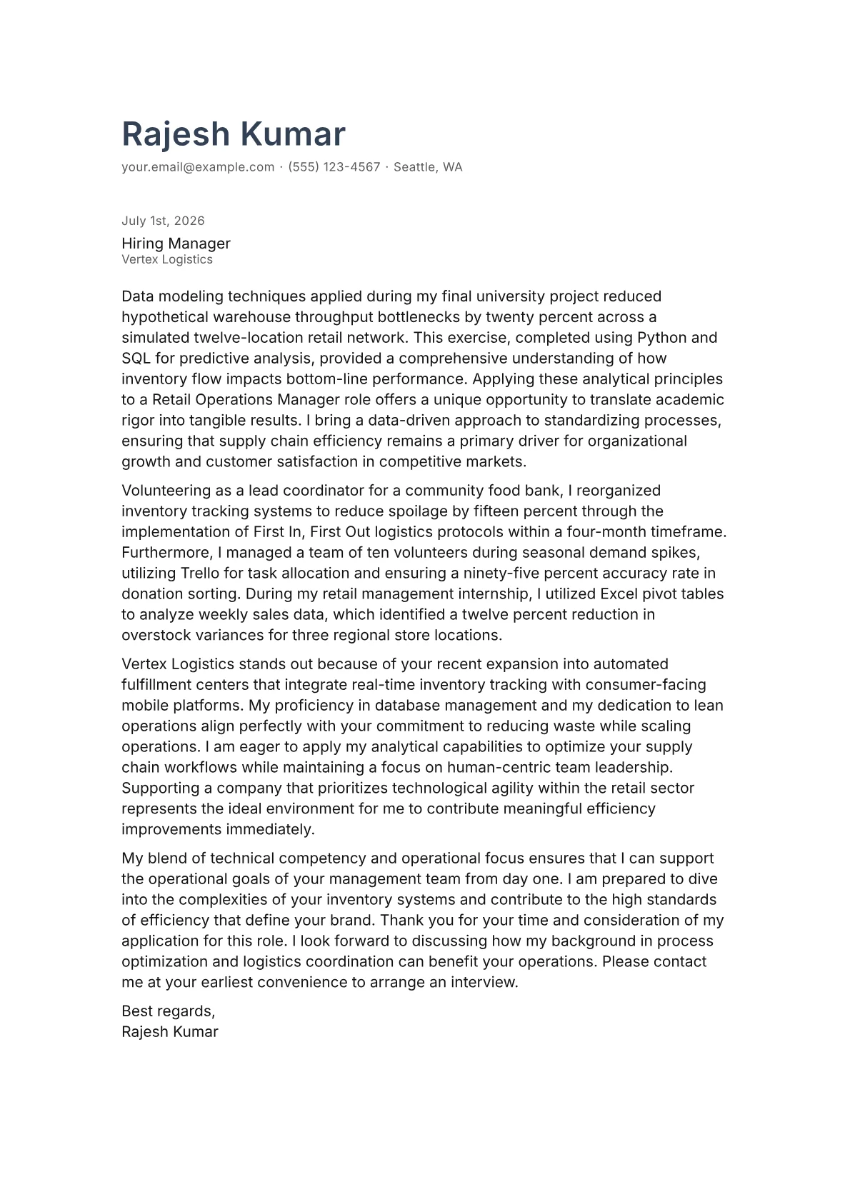 Retail Operations Manager cover letter in the Minimal design