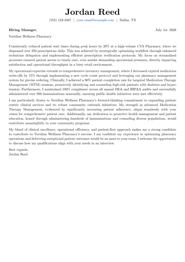 Retail Pharmacist cover letter example preview