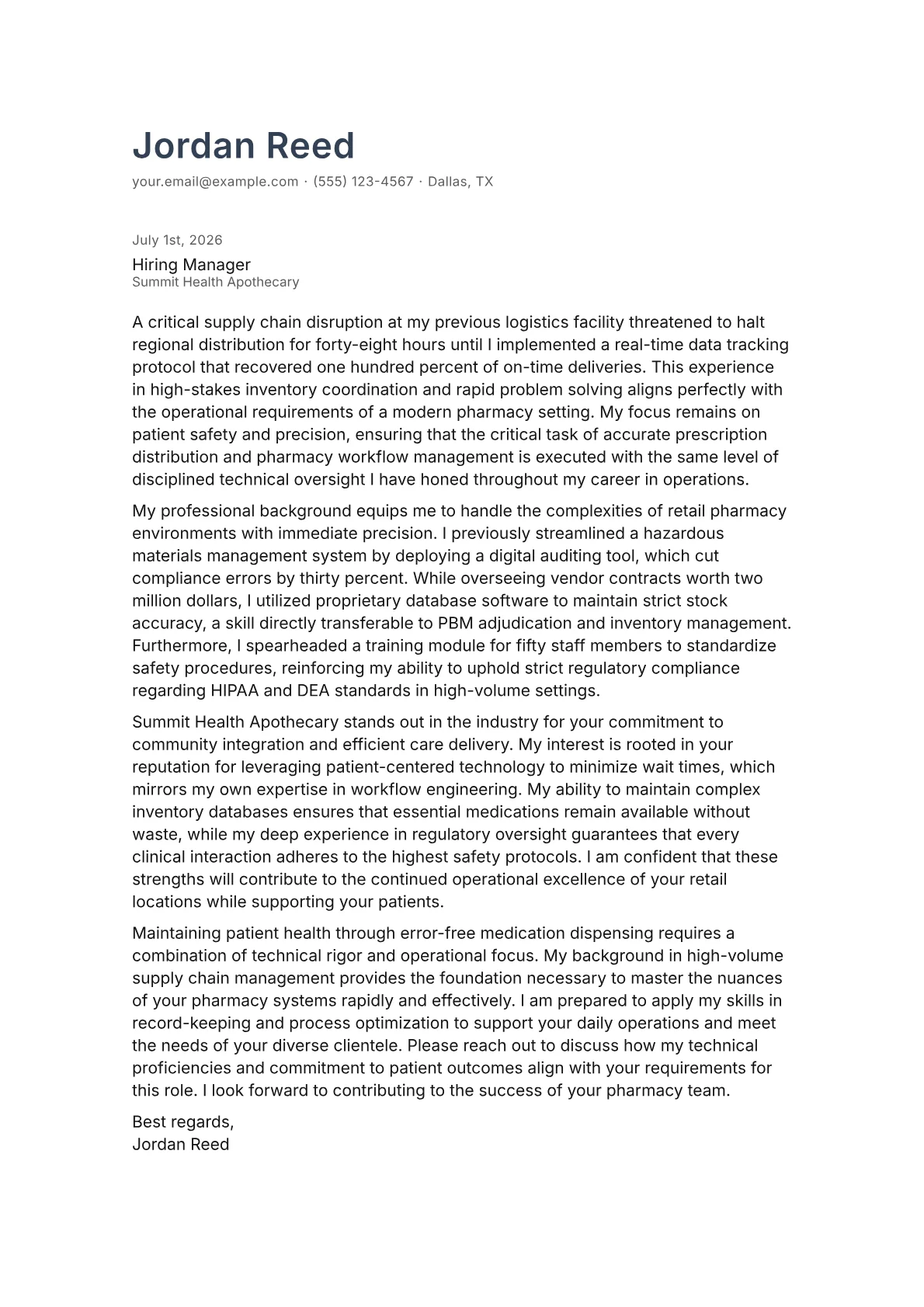 Retail Pharmacist cover letter in the Minimal design