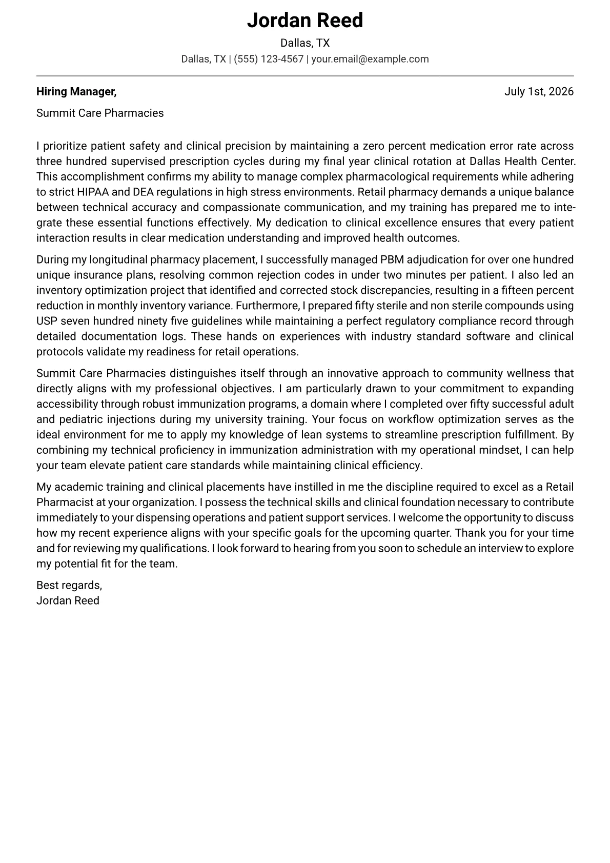 Retail Pharmacist cover letter in the Modern design