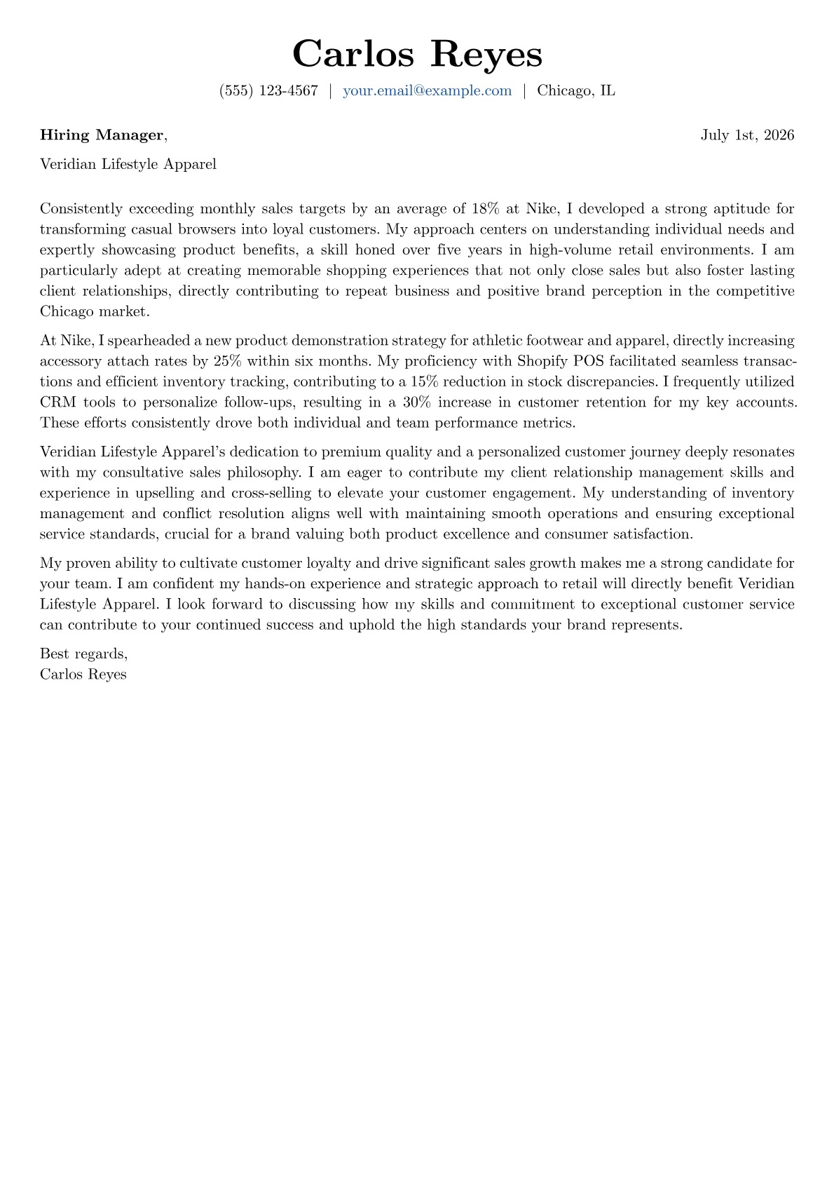Retail Sales cover letter formatted with a JobSprout template
