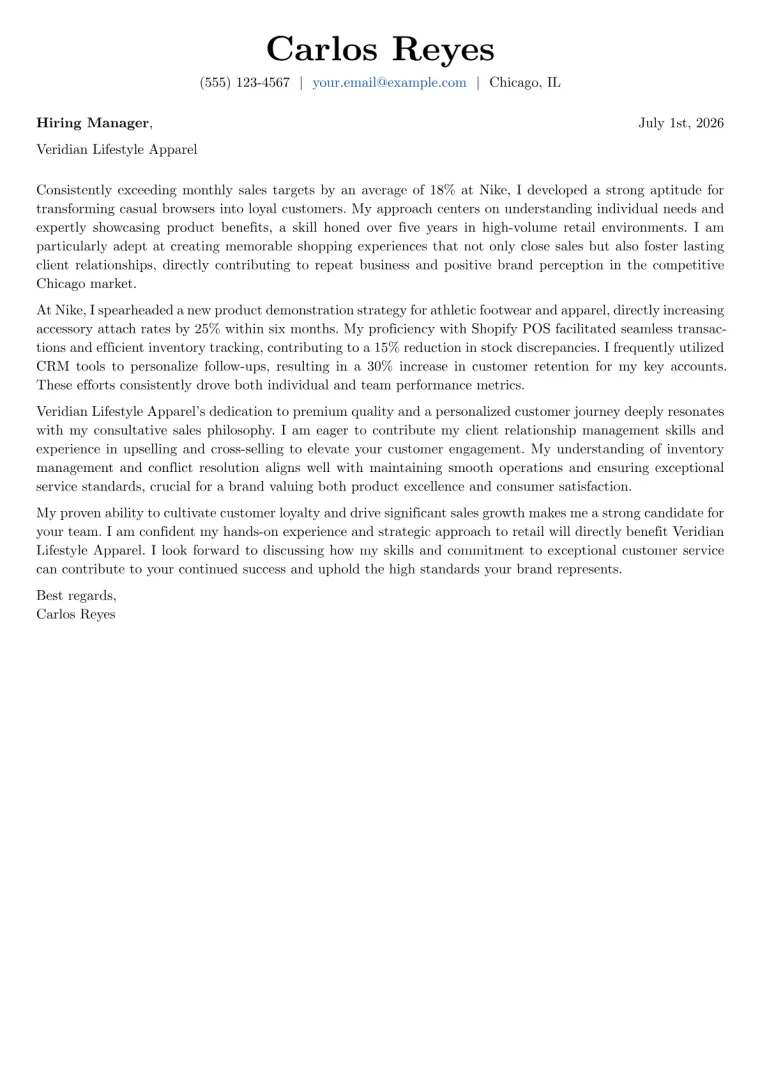 Retail Sales cover letter example preview