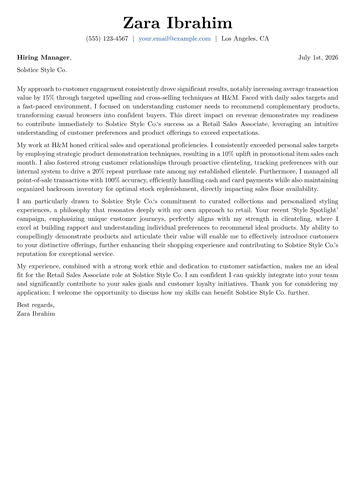 Retail Sales Associate cover letter formatted with a JobSprout template