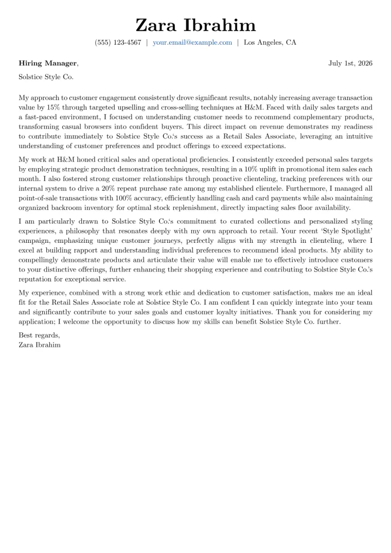 Retail Sales Associate Cover Letter Example